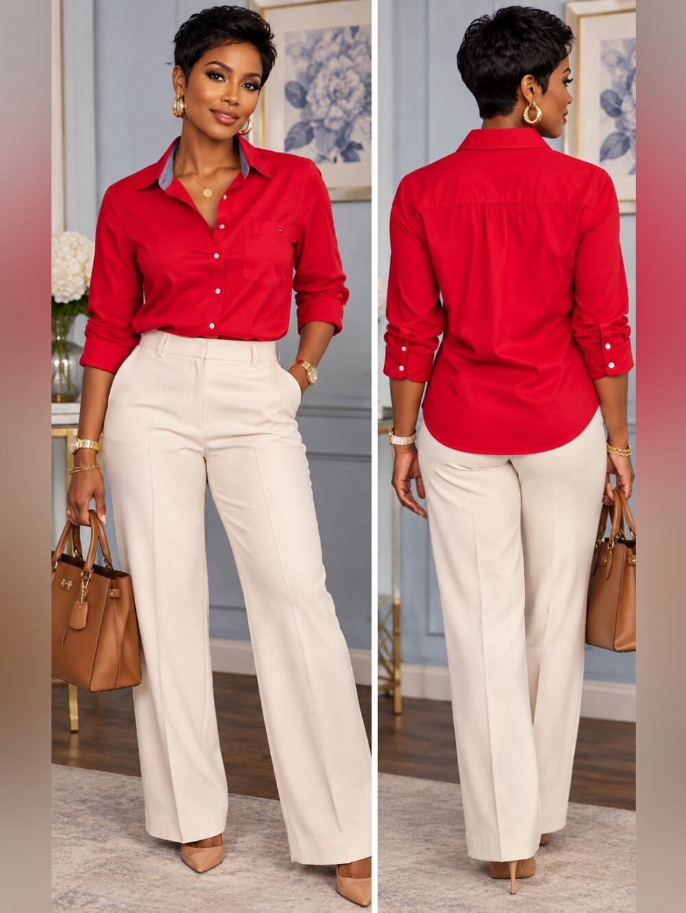 Tommy Hilfiger Red Button-Down Shirt with Chambray Trim – Size M ❤️